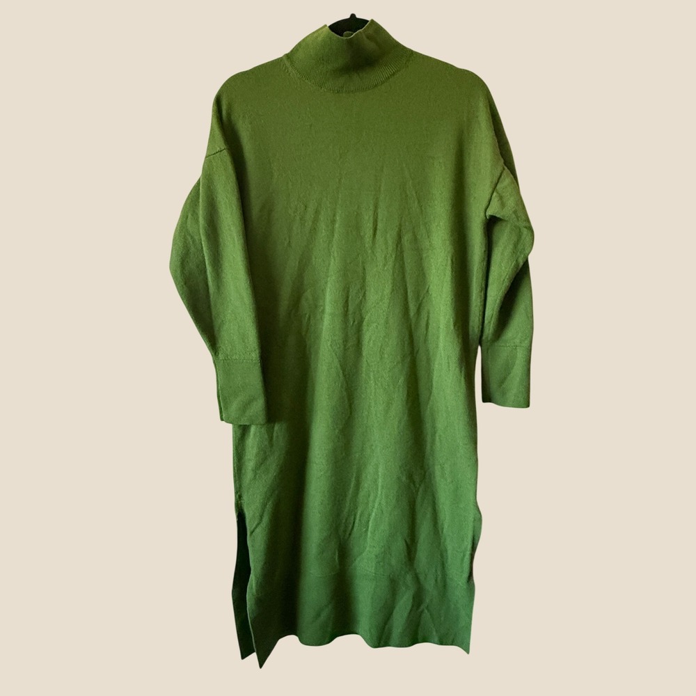COS Green Mock Neck Wool Side Slit Knit Pullover Dress Sz Small